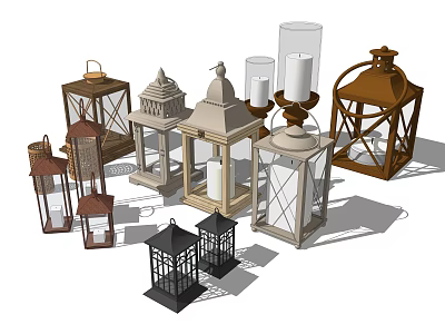 Decorative Candle Lanterns With Various Styles Wooden Metal Frames And Home Decor Designs 3d model