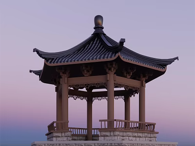 Traditional Chinese Garden Landscape With Classic Pavilion Tiled Roof Curved Eaves And Purple Pink Sky 3d model