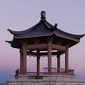 Traditional Chinese Garden Landscape With Classic Pavilion Tiled Roof Curved Eaves And Purple Pink Sky