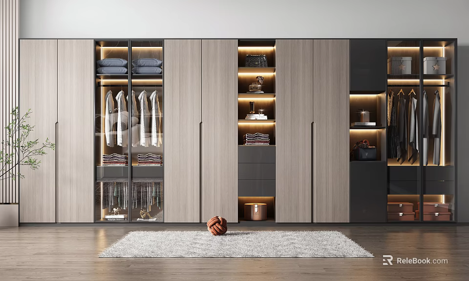 Modern Wooden Sliding Door Wardrobe with Built-in Lighting and Storage Shelves 3d model 