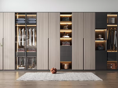 Modern Wooden Sliding Door Wardrobe with Built-in Lighting and Storage Shelves 3d model