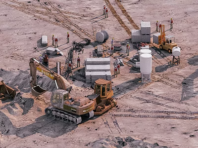 Road Infrastructure Construction Site With Excavator Workers Concrete Tanks And Building Materials 3d model