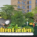 Fun Children's Play Area With Elephant Sculpture Green Plants And Kids Playing Near Tall Buildings