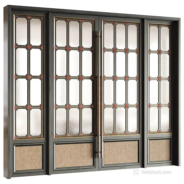 Classic Double Doors With Decorative Glass Panels And Black Frames Red Accents 3d model 
