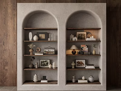 Decorative Ornament Collection on Arched Shelving Unit with Wooden Wall Backdrop and Minimalist Design 3d model