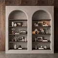 Decorative Ornament Collection on Arched Shelving Unit with Wooden Wall Backdrop and Minimalist Design