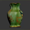 Green Ceramic Jug With Peacock Design Gold Accents And Brown Handle