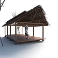 Traditional Landscape Pavilion With Thatched Roof Wooden Floor And Surrounding Trees