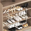 Shoes on Wooden Shoe Rack Neatly Arranged with Multiple Layers Including High Heels Flats Slippers