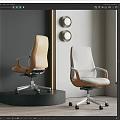 Two Modern Office Chairs Brown and Gray Leather with Armrests Metal Base Wheels