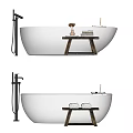 Elegant White Freestanding Bathtub With Wooden Bench Towels And Toiletries