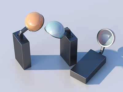 Orange Light Blue And Metallic Round Table Lamps With Black Bases Curved Stands 3d model