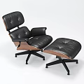 Modern Classic Lounge Chair with Black Leather Upholstery Wooden Armrests and Matching Ottoman