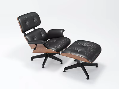 Modern Classic Lounge Chair with Black Leather Upholstery Wooden Armrests and Matching Ottoman 3d model