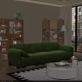 Green Velvet Three Seater Sofa In Contemporary Living Room With Wooden Bookshelf And Rattan Screen