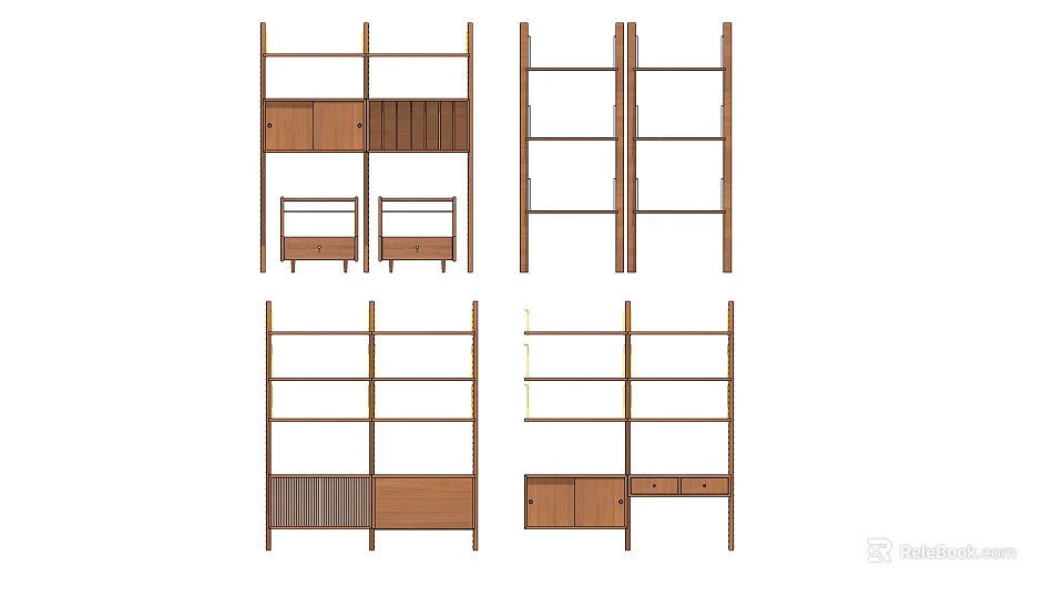 Various Wooden Bookcase Designs With Open Shelves Cabinet Doors And Drawers 3d model 