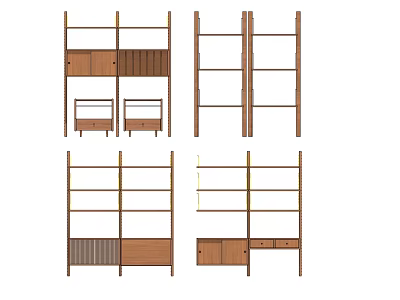Various Wooden Bookcase Designs With Open Shelves Cabinet Doors And Drawers 3d model