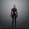 Futuristic Female Character In Black And Red Form Fitting Combat Suit With White Hair