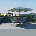 Roof Terrace Garden Landscape With White Umbrella Table Chairs And Colorful Potted Plants