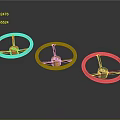 Three Worn Vintage Steering Wheels in Red Yellow Green on Gray Background