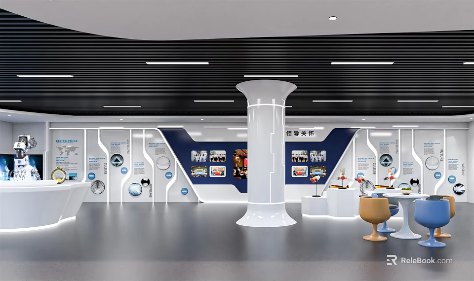 Modern Exhibition Hall Interior With Display Walls Exhibits Central Column And Lighting Design 3d model 