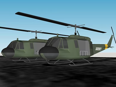 Two Green Army Helicopters Landed on Ground Under Blue Sky 3d model