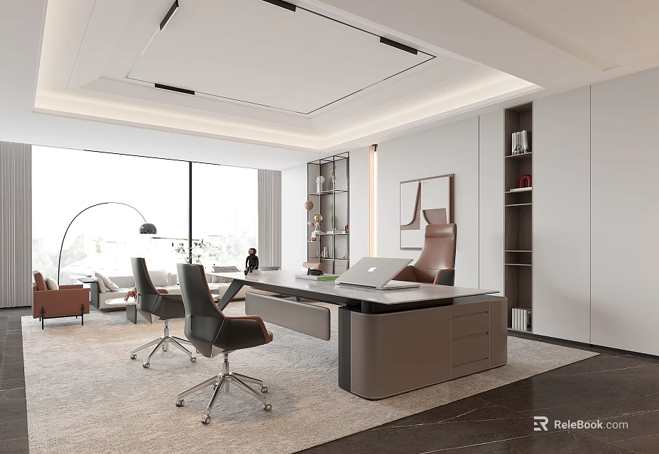 Modern Office Interior Design With Desk Chairs Bookshelves And Floor To Ceiling Windows 3d model 