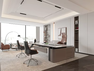 Modern Office Interior Design With Desk Chairs Bookshelves And Floor To Ceiling Windows 3d model