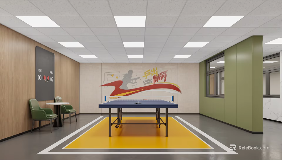 Indoor Fitness Training Area with Ping Pong Table Green Chairs Yellow Floor and Wall Decor 3d model 