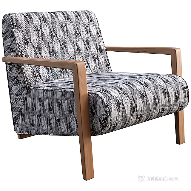 Single Seater Sofa with Gray and White Striped Fabric and Wooden Armrests and Legs 3d model 