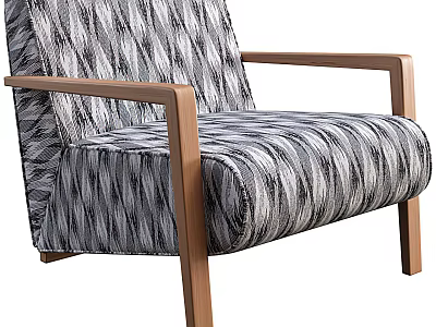 Single Seater Sofa with Gray and White Striped Fabric and Wooden Armrests and Legs 3d model