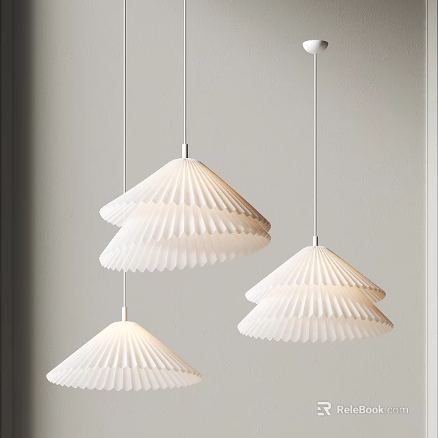 Three Modern White Pleated Pendant Lights Hanging In Interior Ceiling Design 3d model 