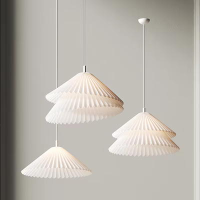 Three Modern White Pleated Pendant Lights Hanging In Interior Ceiling Design 3d model
