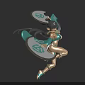 3D Female Character Model With Turquoise Outfit Flowing Cape And Elf Ears In Dynamic Pose