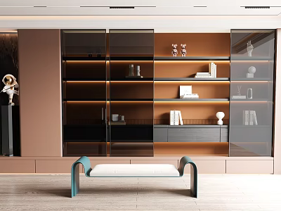 Modern Bookcase Design Featuring Glass Doors Layered Shelves Built-In Lighting And Decorative Storage 3d model