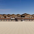 Modern Commercial Street With Wooden Glass Buildings And Open Square Stone Pavement