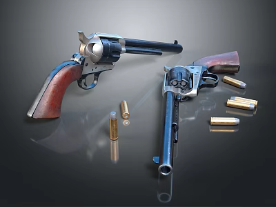 Vintage Revolvers With Wooden Grips And Scattered Bullets On Dark Background 3d model