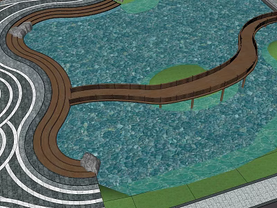Landscape Design Featuring Winding Wooden Boardwalk Over Water Green Grass And Gray Pavement 3d model