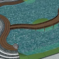 Landscape Design Featuring Winding Wooden Boardwalk Over Water Green Grass And Gray Pavement