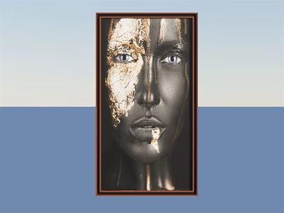 Portrait Painting of Human Face With Golden Cracked Effect Brown Frame and Blue Gradient Background 3d model