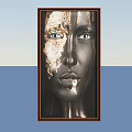 Portrait Painting of Human Face With Golden Cracked Effect Brown Frame and Blue Gradient Background