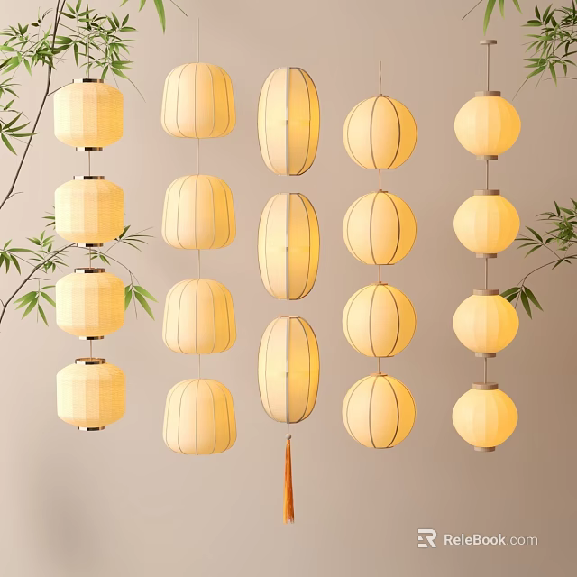 Traditional Oriental Hanging Lanterns Decor With Bamboo Leaves And Yellow Fabric 3d model 