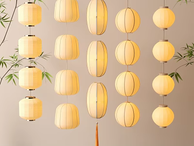 Traditional Oriental Hanging Lanterns Decor With Bamboo Leaves And Yellow Fabric 3d model