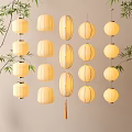 Traditional Oriental Hanging Lanterns Decor With Bamboo Leaves And Yellow Fabric