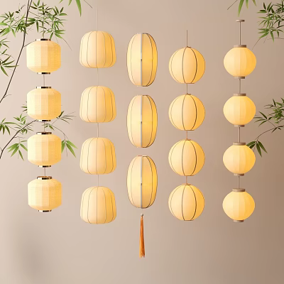 Traditional Oriental Hanging Lanterns Decor With Bamboo Leaves And Yellow Fabric 3d model