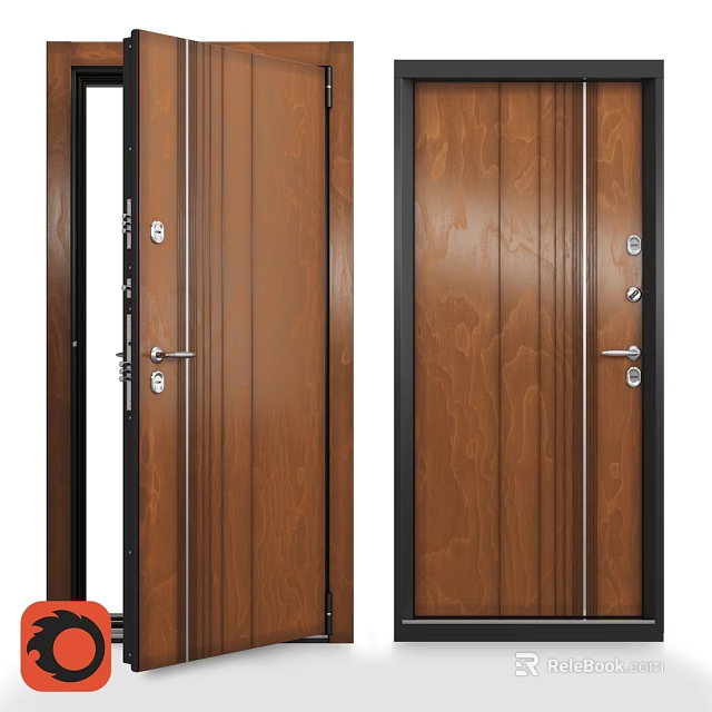 Brown Wooden Swing Door With Wood Grain Design Black Frame And Metal Handles 3d model 