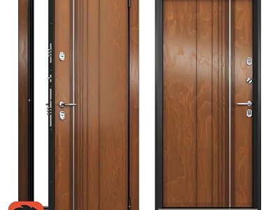 Brown Wooden Swing Door With Wood Grain Design Black Frame And Metal Handles 3d model