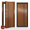 Brown Wooden Swing Door With Wood Grain Design Black Frame And Metal Handles