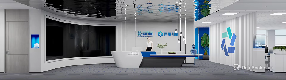 Modern Front Desk Reception with Sleek Desk Receptionist Hanging Lights and Company Signage 3d model 