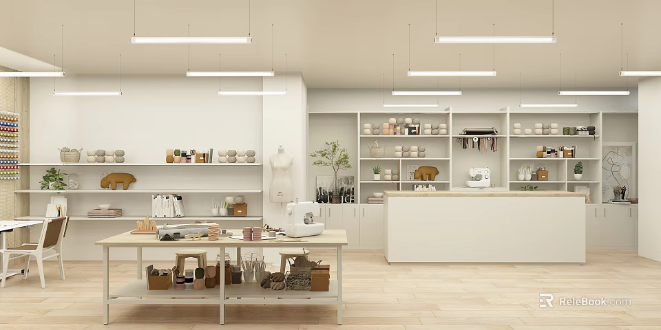 Bright Craft Studio With White Walls Shelves Tools Materials Long Table Pendant Lights And Plants 3d model 